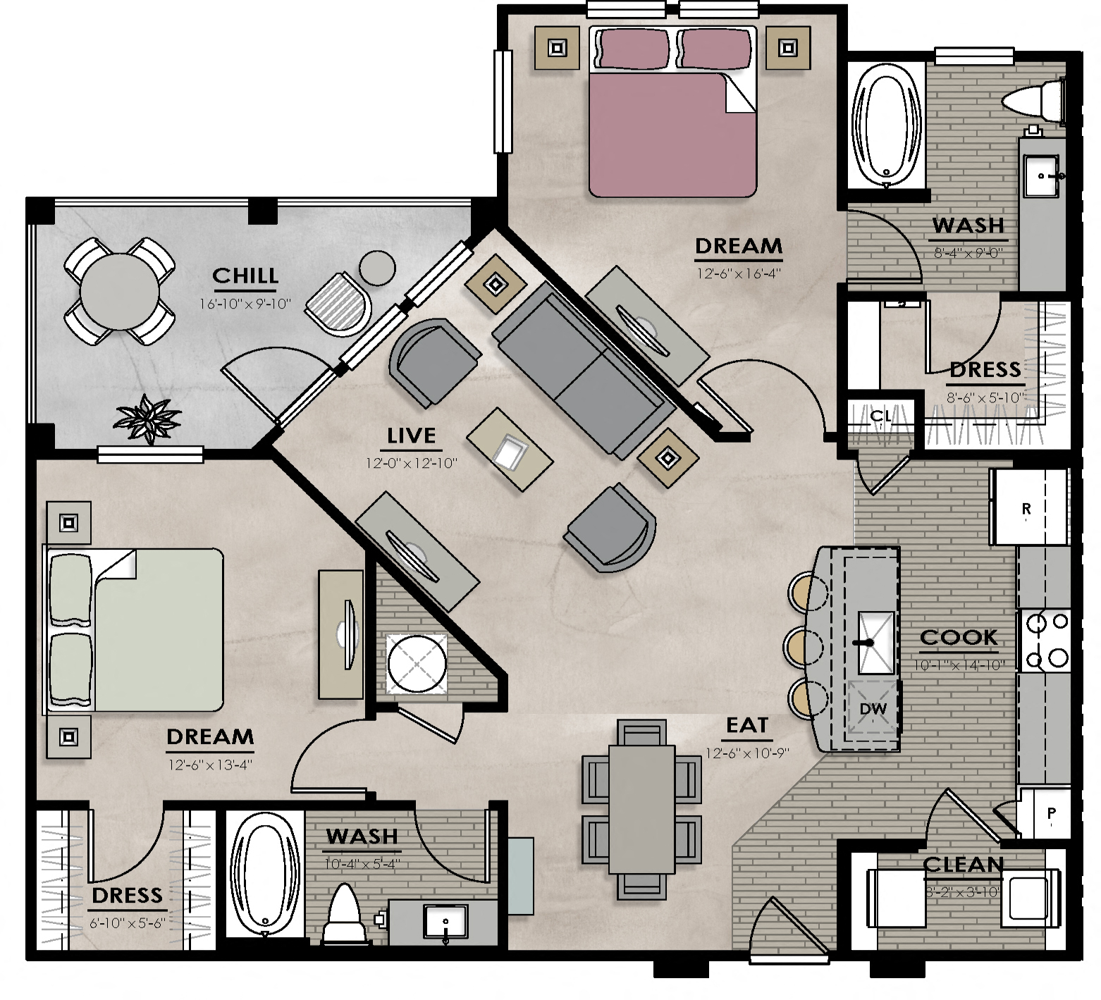 Floor plan for 2 beds, 2 baths, 1199 sqft